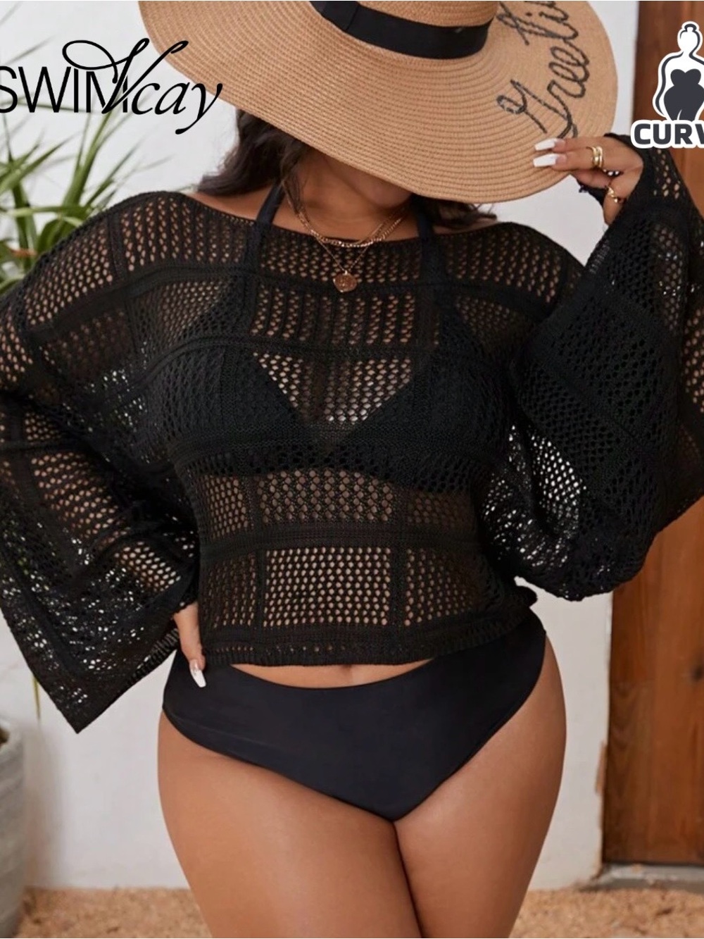 SHEIN Black Crochet Beach Cover-Up Top